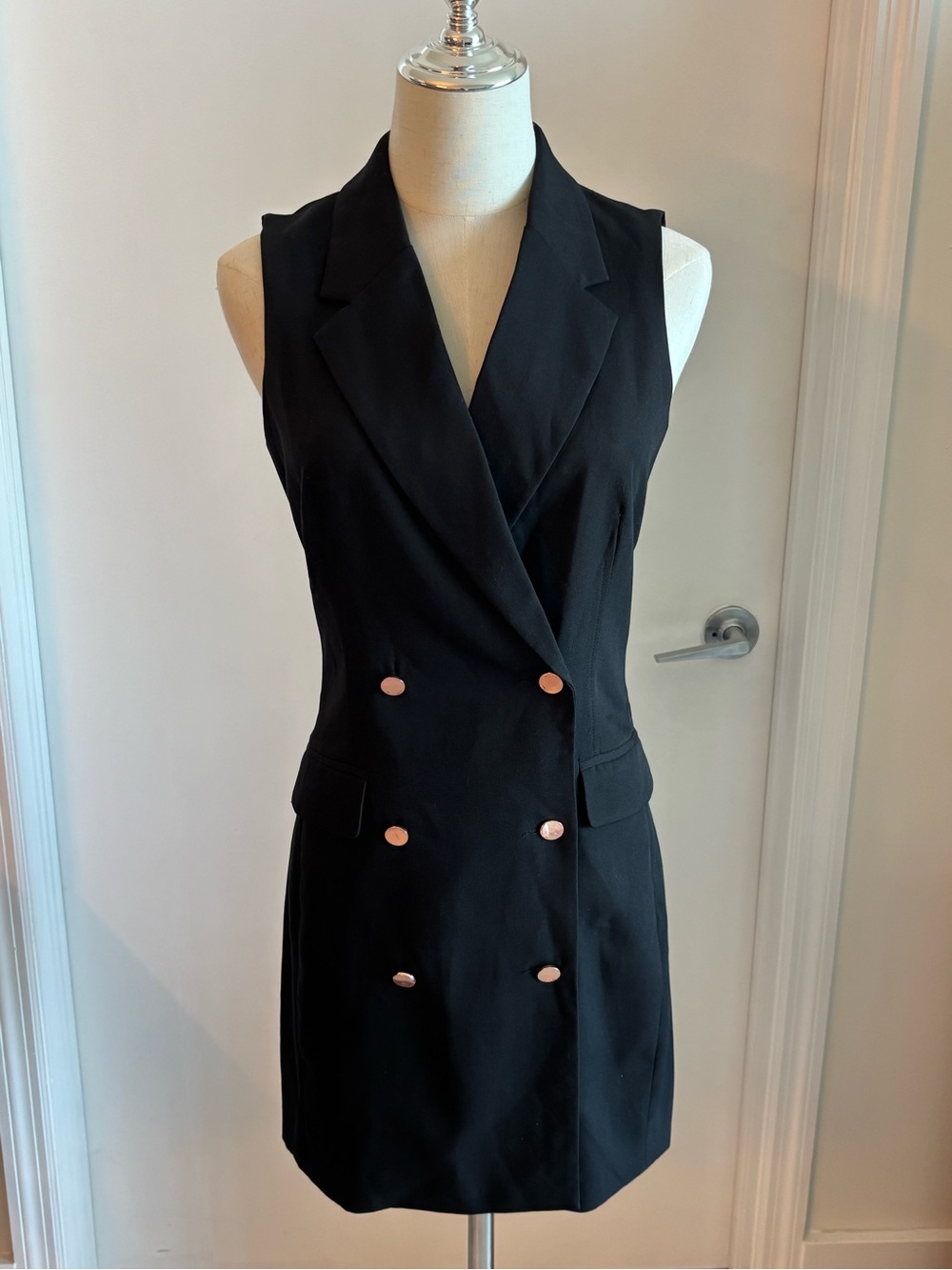 Bardot Black Sleeveless Double-Breasted Mini Dress with Rose Gold Buttons